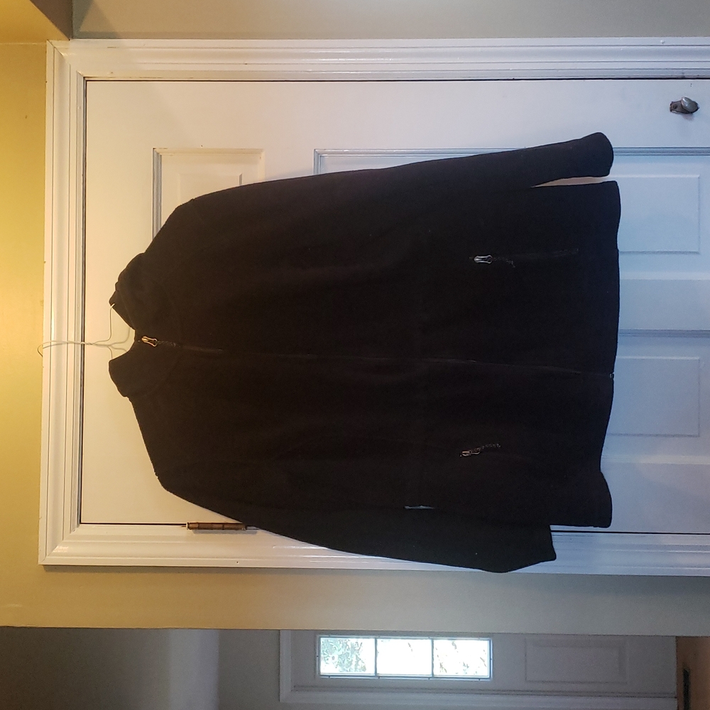 LLBEAN long black fleece jacket, hood, full zipper, zipper pockets XL